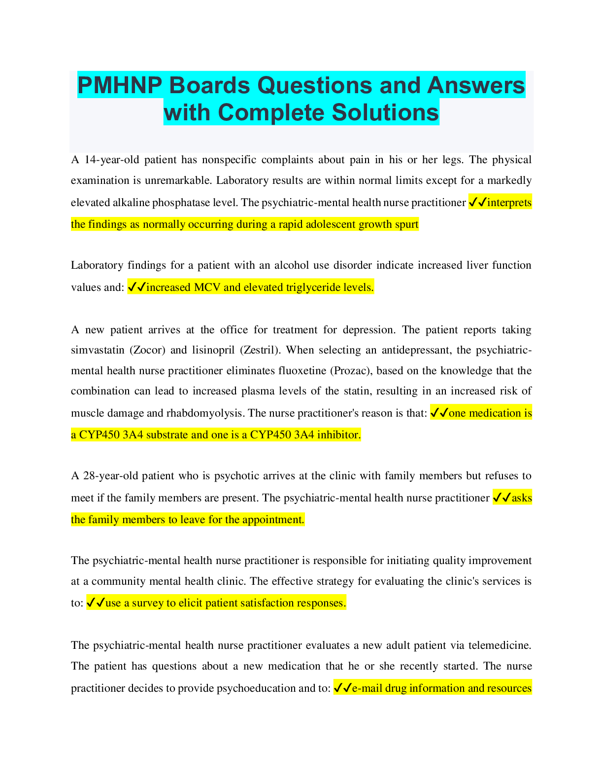 PMHNP Boards Questions and Answers with Complete Solutions